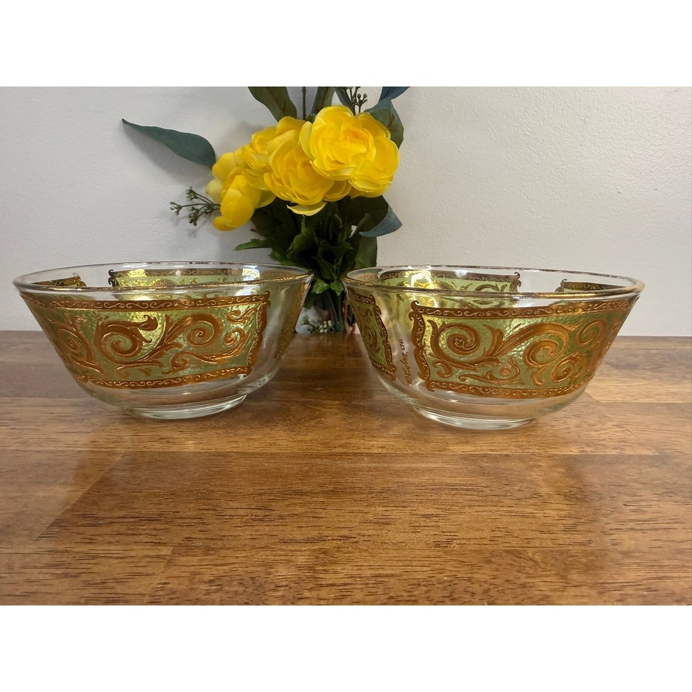 Vintage Culver Toledo Glass Bowls Gold Scroll‎ Set Mid Century Serving Bowls